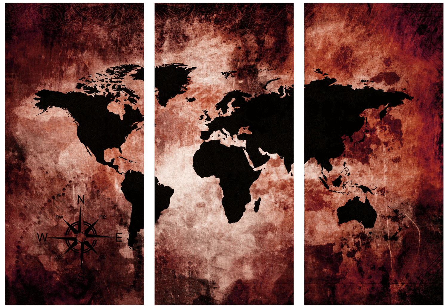 Ljuddämpande tavla - The world map - Röd världskarta i tre delar