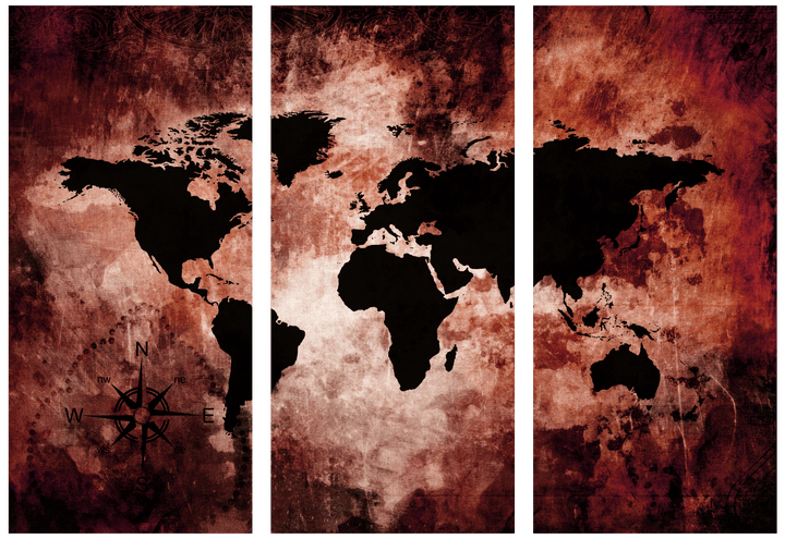 Ljuddämpande tavla - The world map - Röd världskarta i tre delar