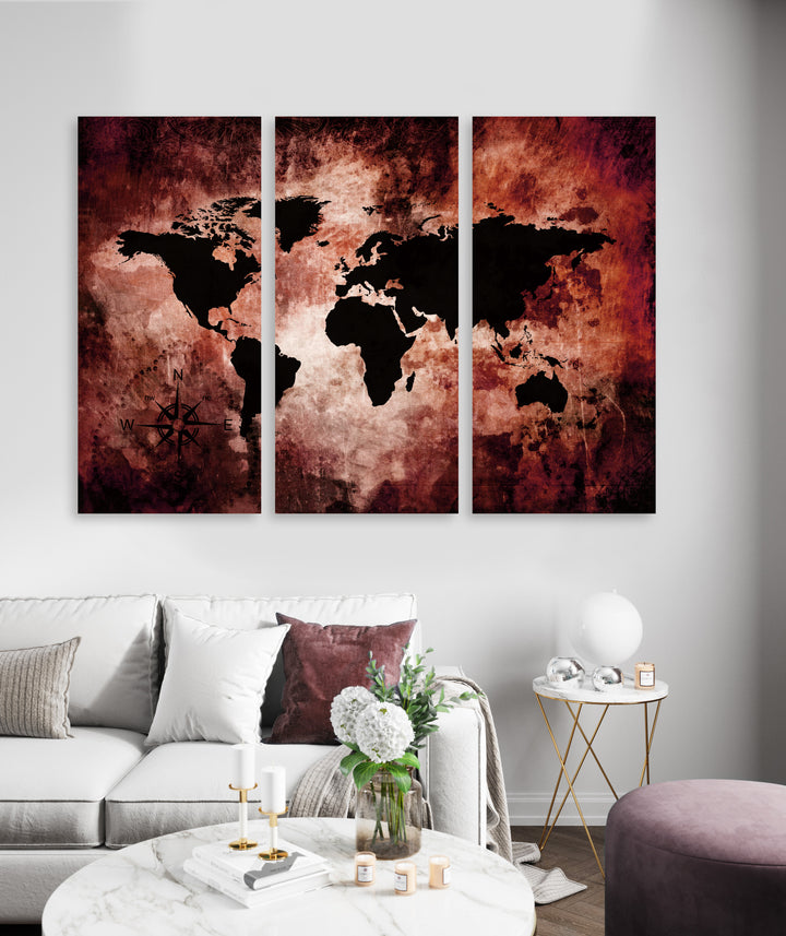 Ljuddämpande tavla - The world map - Röd världskarta i tre delar