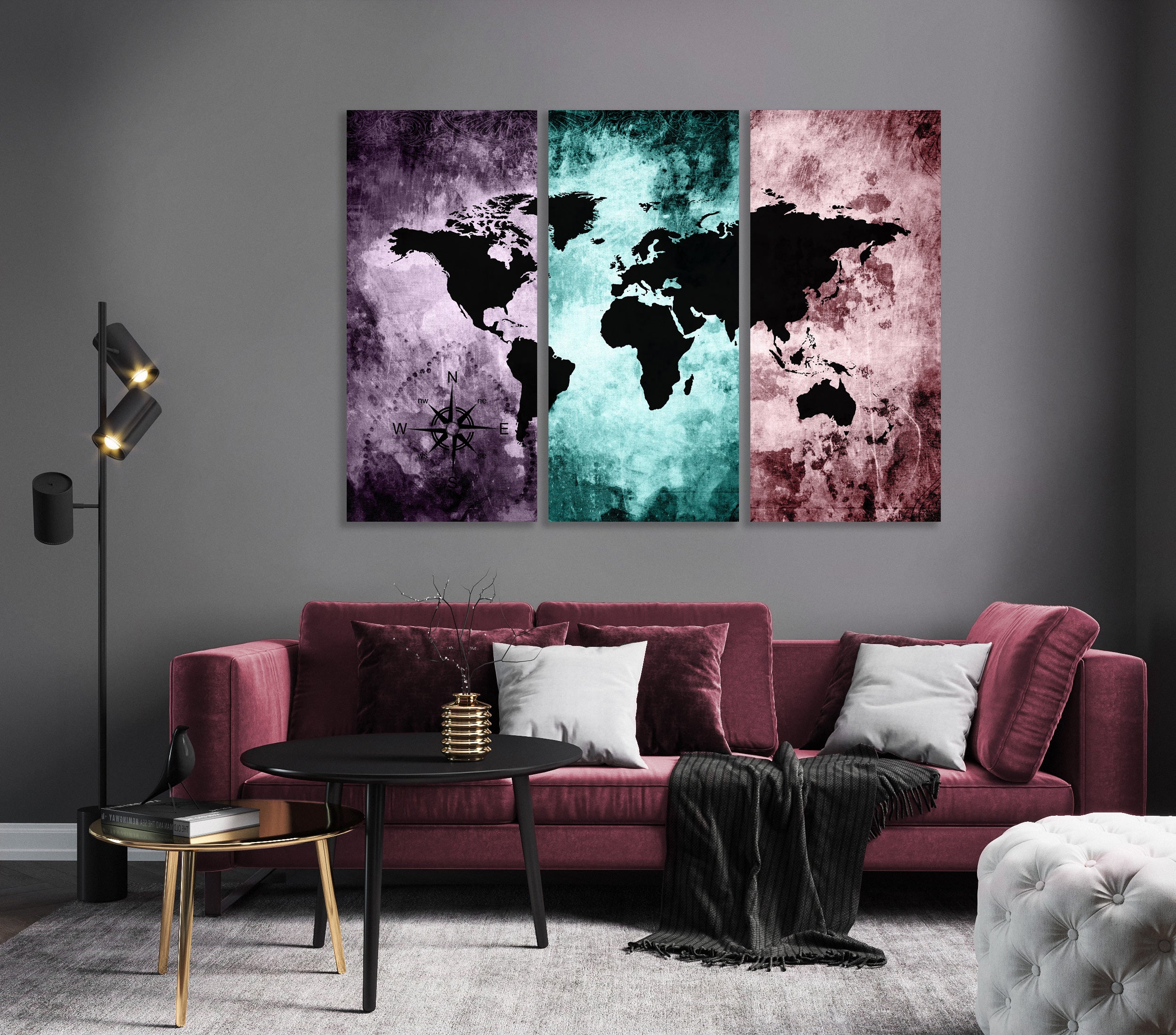Ljuddämpande tavla - The world map - Pastel karta i tre delar