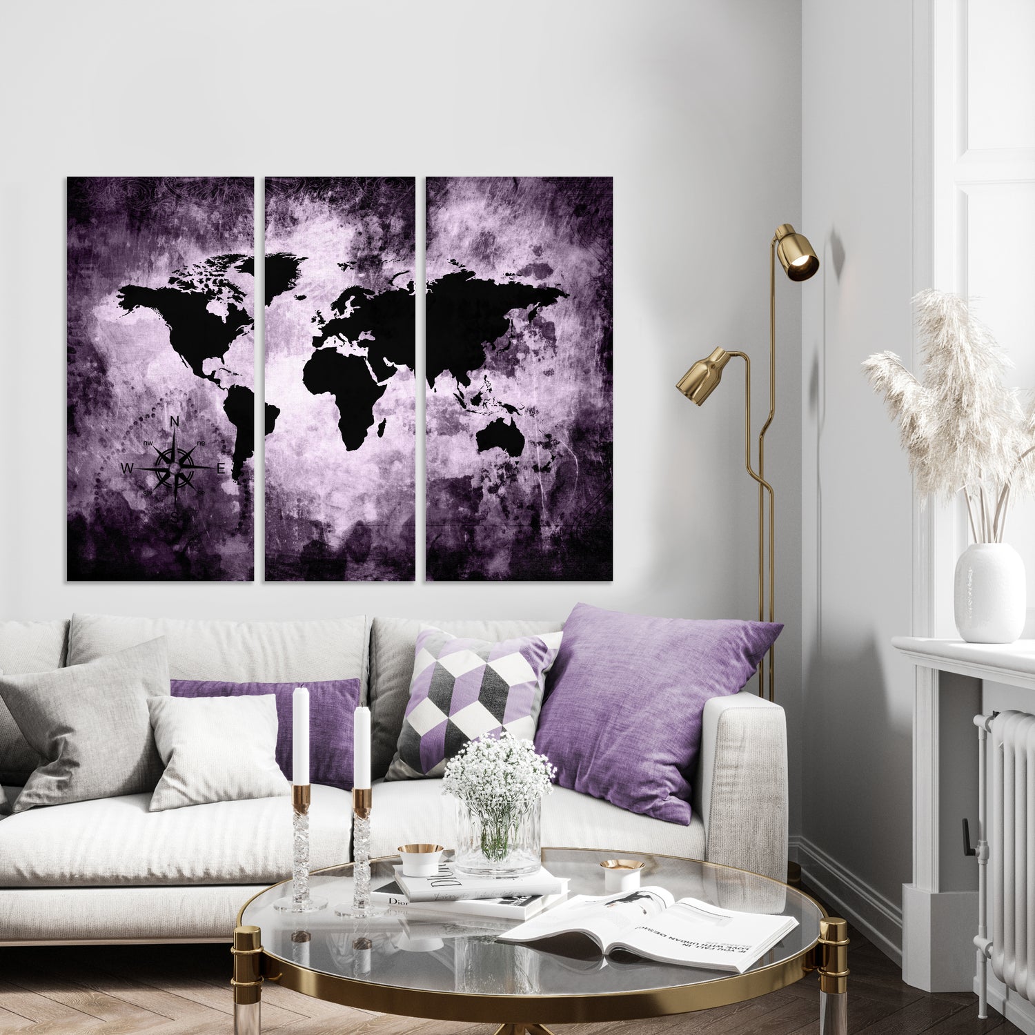 Ljuddämpande tavla - The world map - Lila Pastel karta i tre delar