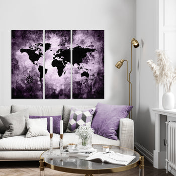 Ljuddämpande tavla - The world map - Lila Pastel karta i tre delar