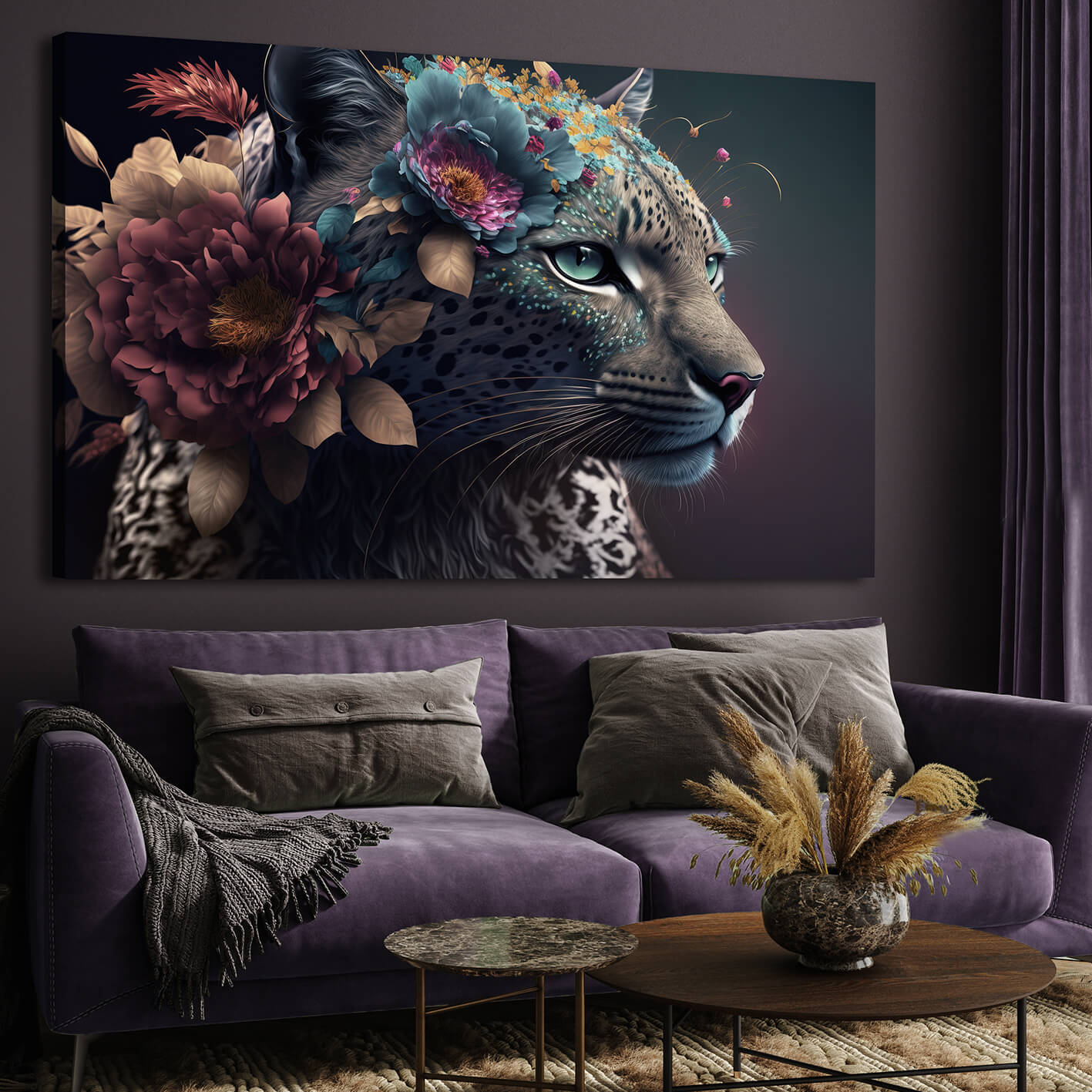 Ljuddämpande tavla - White Leopard with flowers