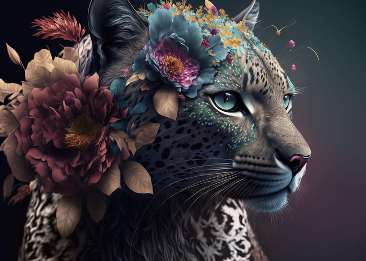 Canvastavla - White Leopard with flowers
