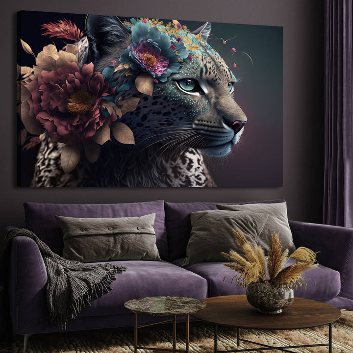 Canvastavla - White Leopard with flowers