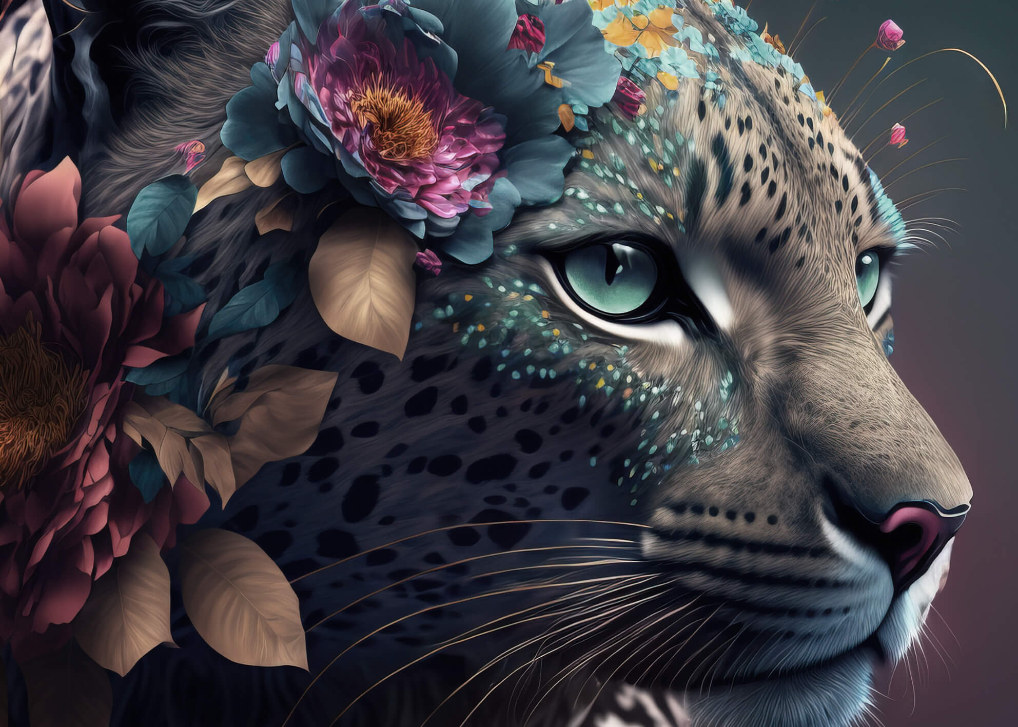 Canvastavla - White Leopard with flowers